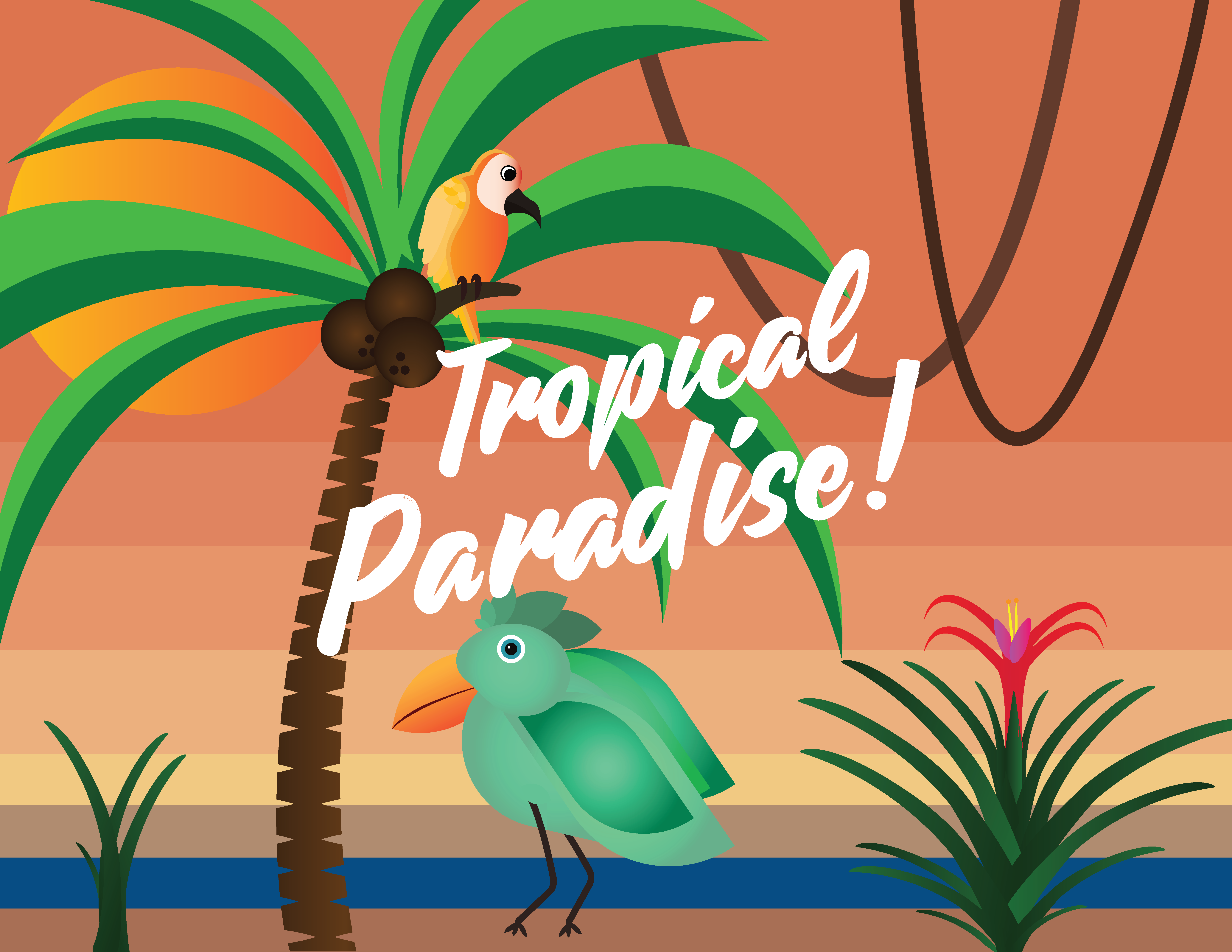 Complete tropical scene with birds and palms